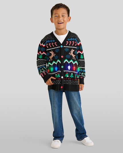 Boy's Fair Isle Rudolph Light Up Christmas Cardigan Sweater