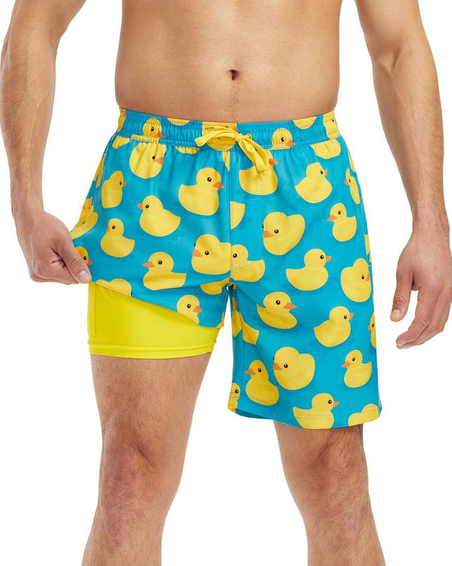 Rubber Ducky Stretch Swim Trunks With Liner - 7.5" Inseam