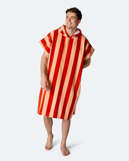 Striped Red Towel Poncho for Adults | Chic Summer Must-Have