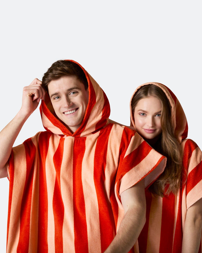 Striped Red Towel Poncho for Adults | Chic Summer Must-Have