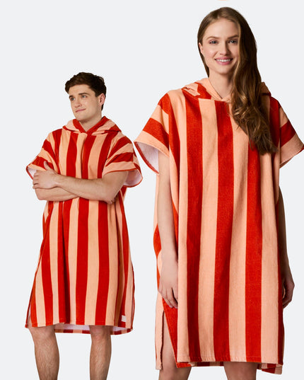 Striped Red Towel Poncho for Adults | Chic Summer Must-Have