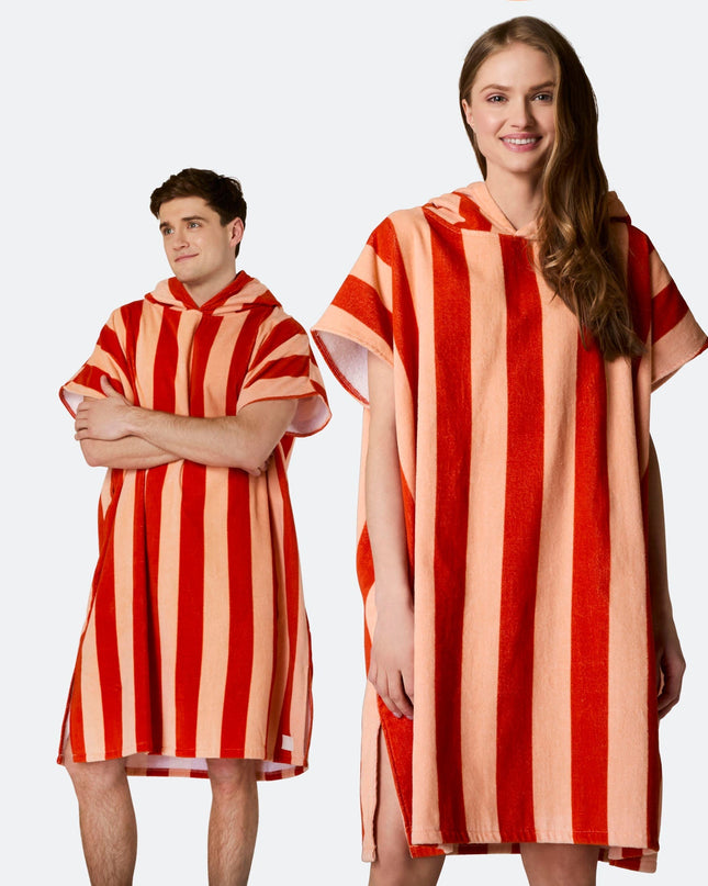 Striped Red Towel Poncho for Adults | Chic Summer Must-Have