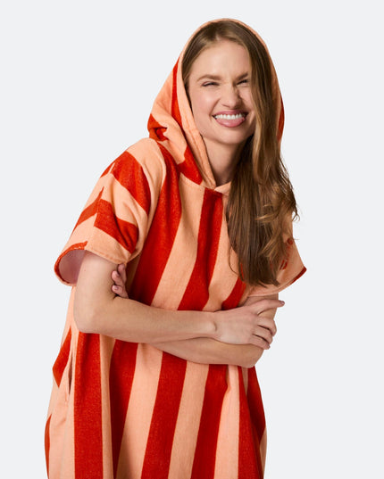 Striped Red Towel Poncho for Adults | Chic Summer Must-Have