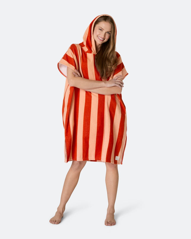 Striped Red Towel Poncho for Adults | Chic Summer Must-Have
