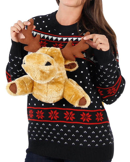 Women's Black 3D Moose Ugly Christmas Sweater