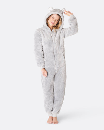 Women's Grey Teddy Bear Onesie for Cozy Seasonal Use