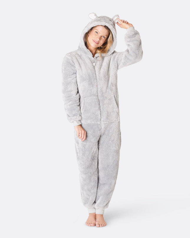Women's Grey Teddy Bear Onesie for Cozy Seasonal Use