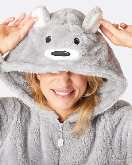 Women's Grey Teddy Bear Onesie for Cozy Seasonal Use
