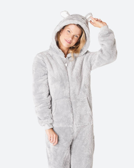 Women's Grey Teddy Bear Onesie for Cozy Seasonal Use