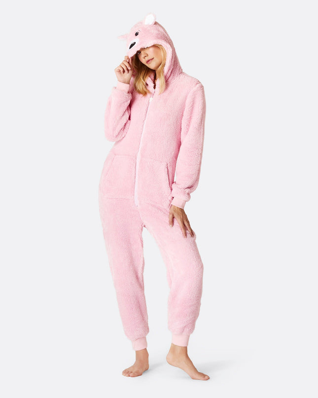 Women's Pink Teddy Bear Onesie for All-Year Comfort