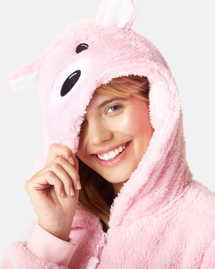 Women's Pink Teddy Bear Onesie for All-Year Comfort