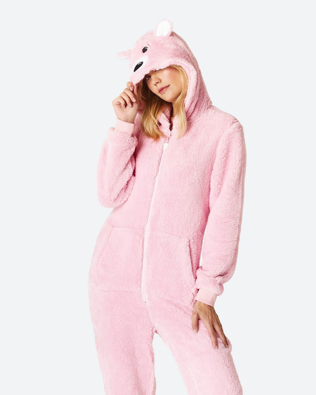 Women's Pink Teddy Bear Onesie for All-Year Comfort