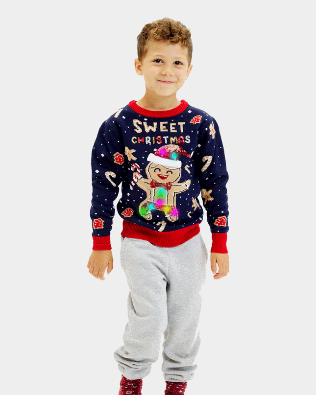 Blue LED Light-Up Christmas Sweater for Kids with Ginger Cookie
