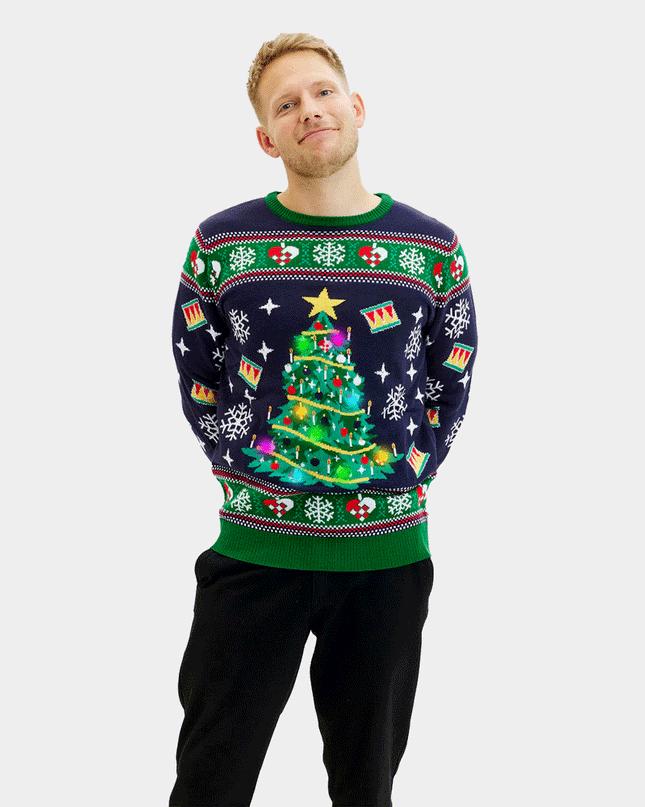 Men's LED Blue Christmas Sweater with Christmas Tree