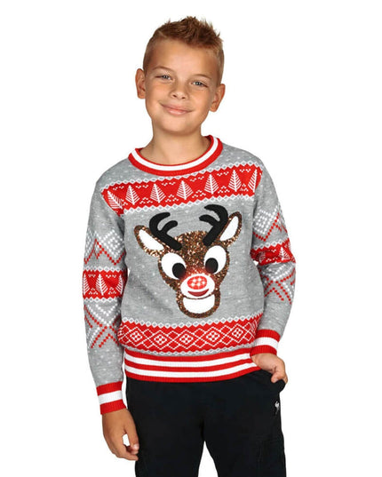 Boy's Sequin Rudolph Light Up Ugly Christmas Sweater