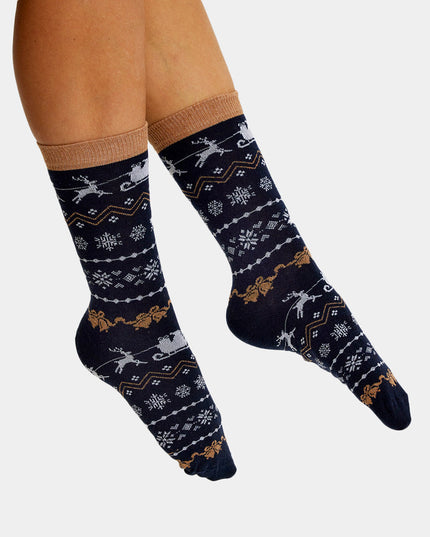 Unisex Blue Socks with Reindeer and Snow