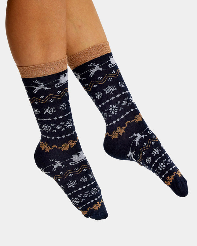 Unisex Blue Socks with Reindeer and Snow