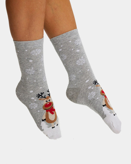 Unisex Gray Socks with Cute Reindeer