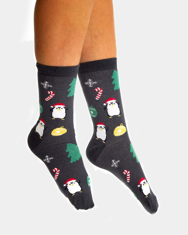Unisex Gray Socks with Trees and Penguins