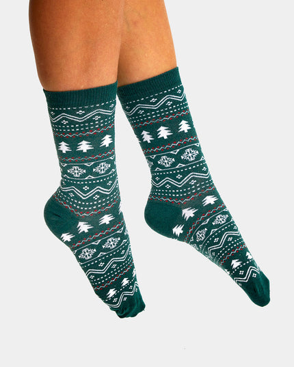 Unisex Green Socks with Trees and Snow
