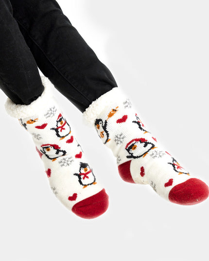 White Christmas Slipper Socks with Penguins and Hearts