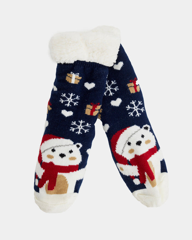 Blue Christmas Slipper Socks with Polar Bear