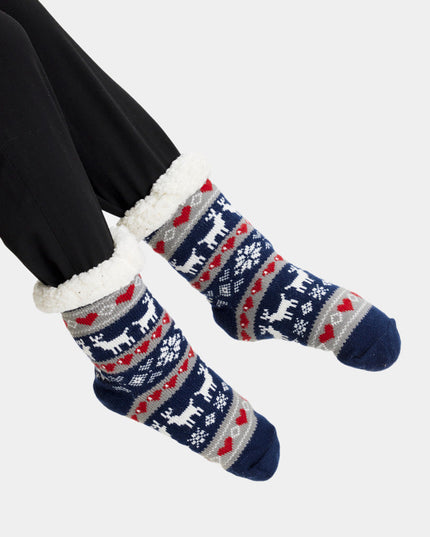 Blue Christmas Slipper Socks with Reindeer and Hearts