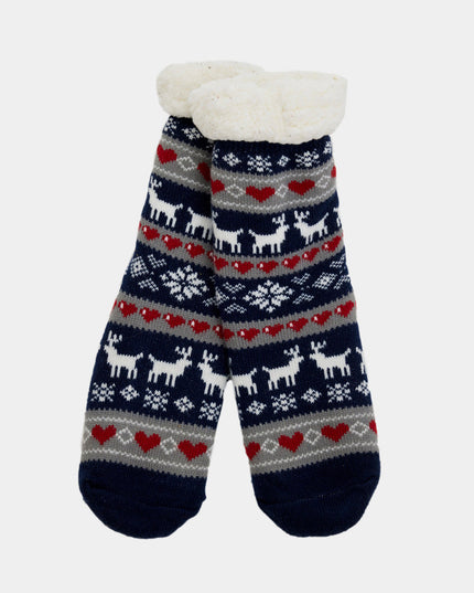 Blue Christmas Slipper Socks with Reindeer and Hearts