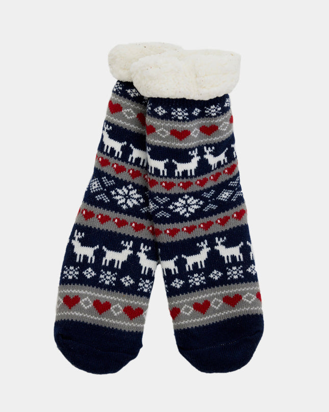 Blue Christmas Slipper Socks with Reindeer and Hearts