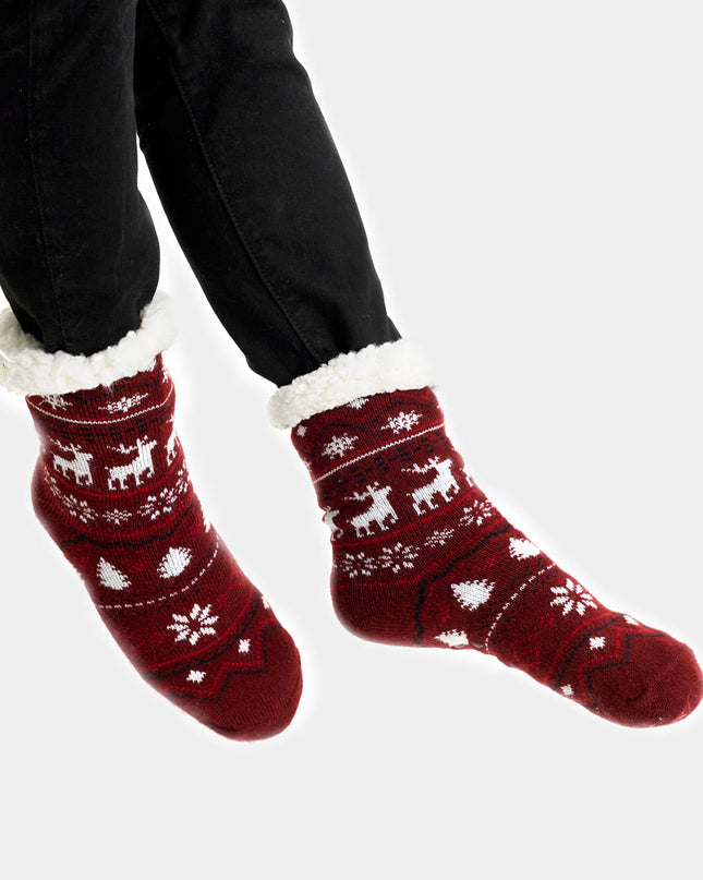 Maroon Christmas Slipper Socks with Reindeer