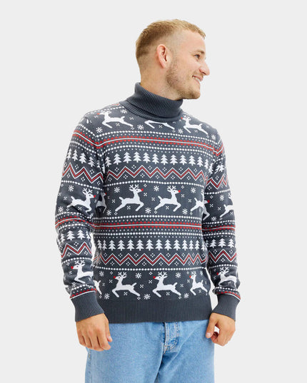 Men's Organic Cotton Grey Roll Neck Reindeer Sweater
