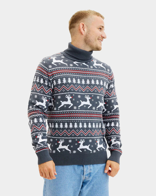 Men's Organic Cotton Grey Roll Neck Reindeer Sweater