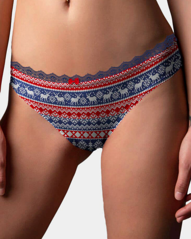 Women's Blue and Red Christmas Panties with Reindeer and Mug