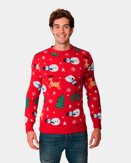 Red Men's Christmas Sweater with Snowman - Festive Comfort