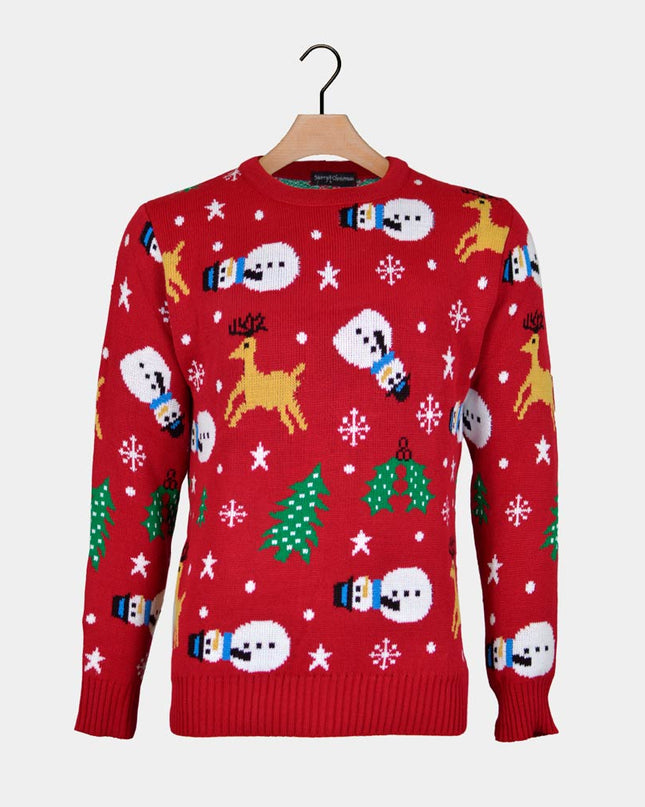 Red Couples Christmas Sweater with Snowman - Holiday Togetherness