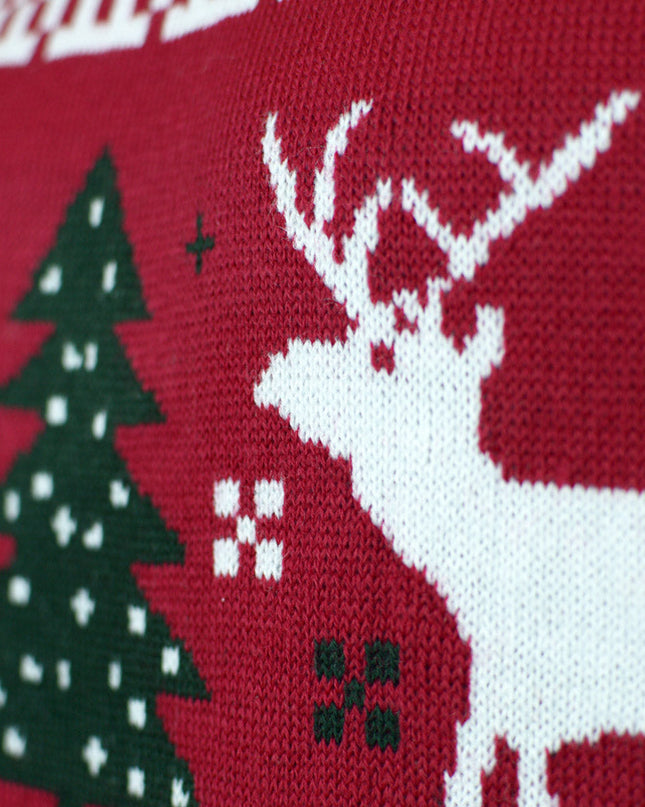 Red Couples Christmas Sweater with Trees and Reindeer