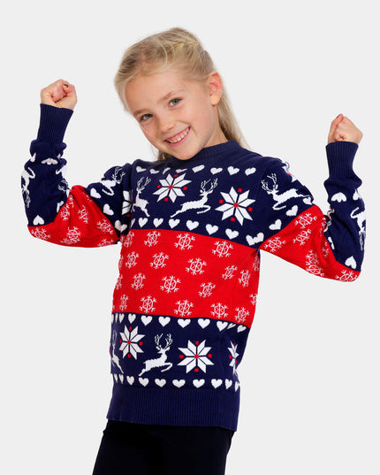 Blue and Red Christmas Sweater for Kids with Reindeer