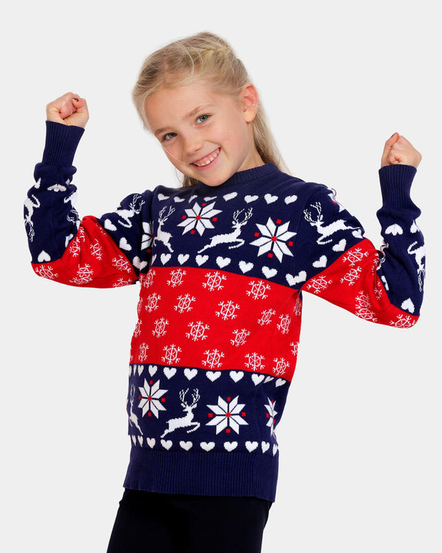 Blue and Red Hearts Reindeer Family Christmas Sweater