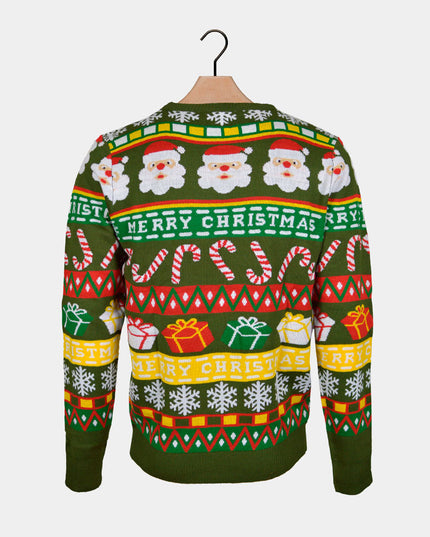 Green Christmas Sweater with Santa and Gifts