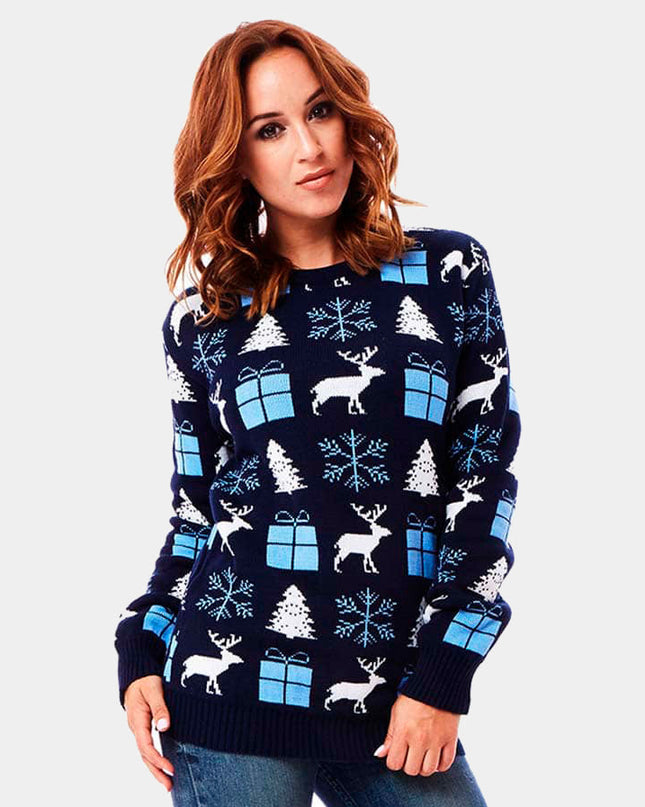 Blue Christmas Sweater for Couples with Reindeer and Gifts