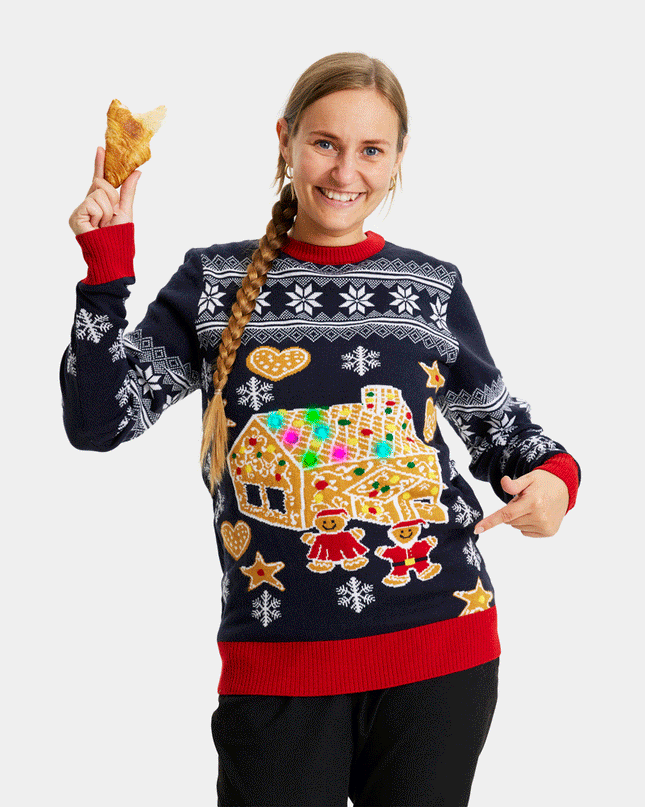 LED Gingerbread House Couples Christmas Sweater