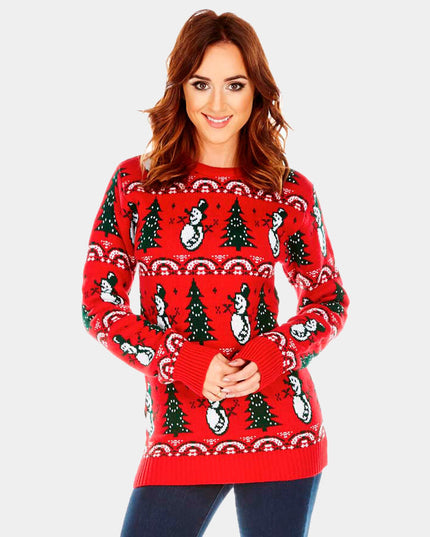 Red Christmas Sweater for Men with Trees and Snowmen