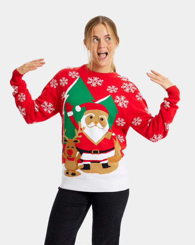 Red Christmas Sweater for Family with Santa and Reindeer