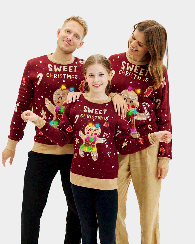 Christmas Sweater for Family with Light-Up LED Red Ginger Cookie
