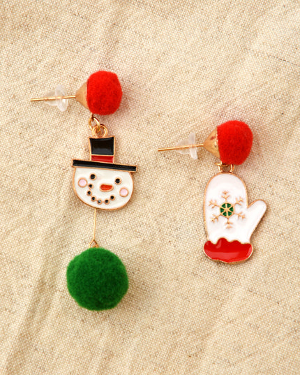 Christmas Earrings with Snowman and Gloves Design