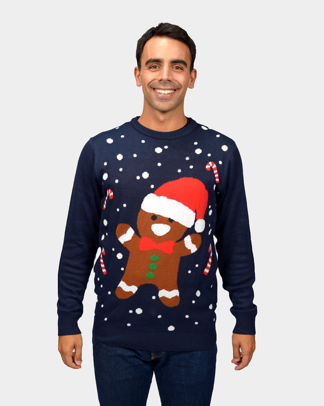 Blue Christmas Sweater for Men with Gingerbread Design