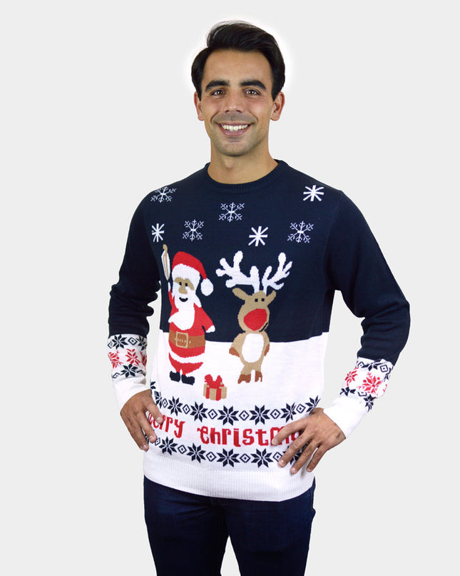 Blue Christmas Sweater for Men with Santa and Rudolph