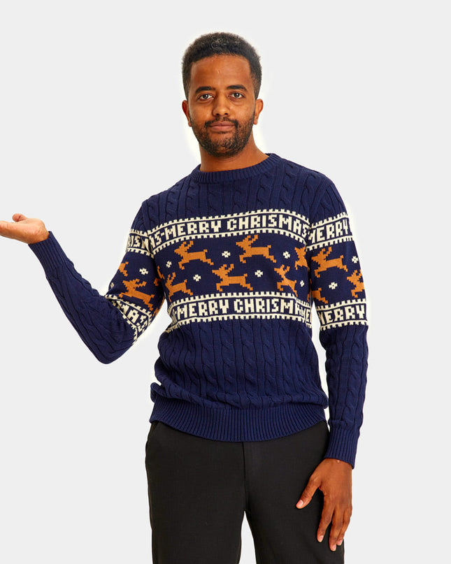 Chic Organic Cotton Blue Christmas Sweater for Couples with Reindeer