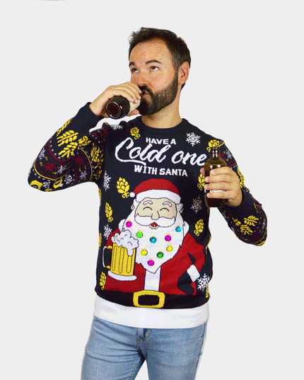 LED Christmas Sweater for Couples Santa Beer Design