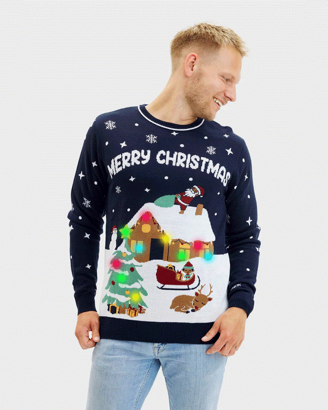 Men's LED Blue Merry Christmas Sweater